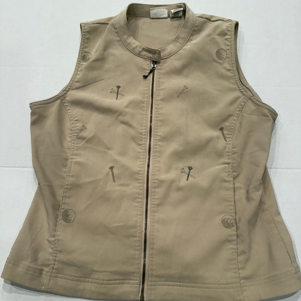 VTG Line Up For Sport Golf Vest Women's Medium Khaki Tan Zip‎ Front Embroidered